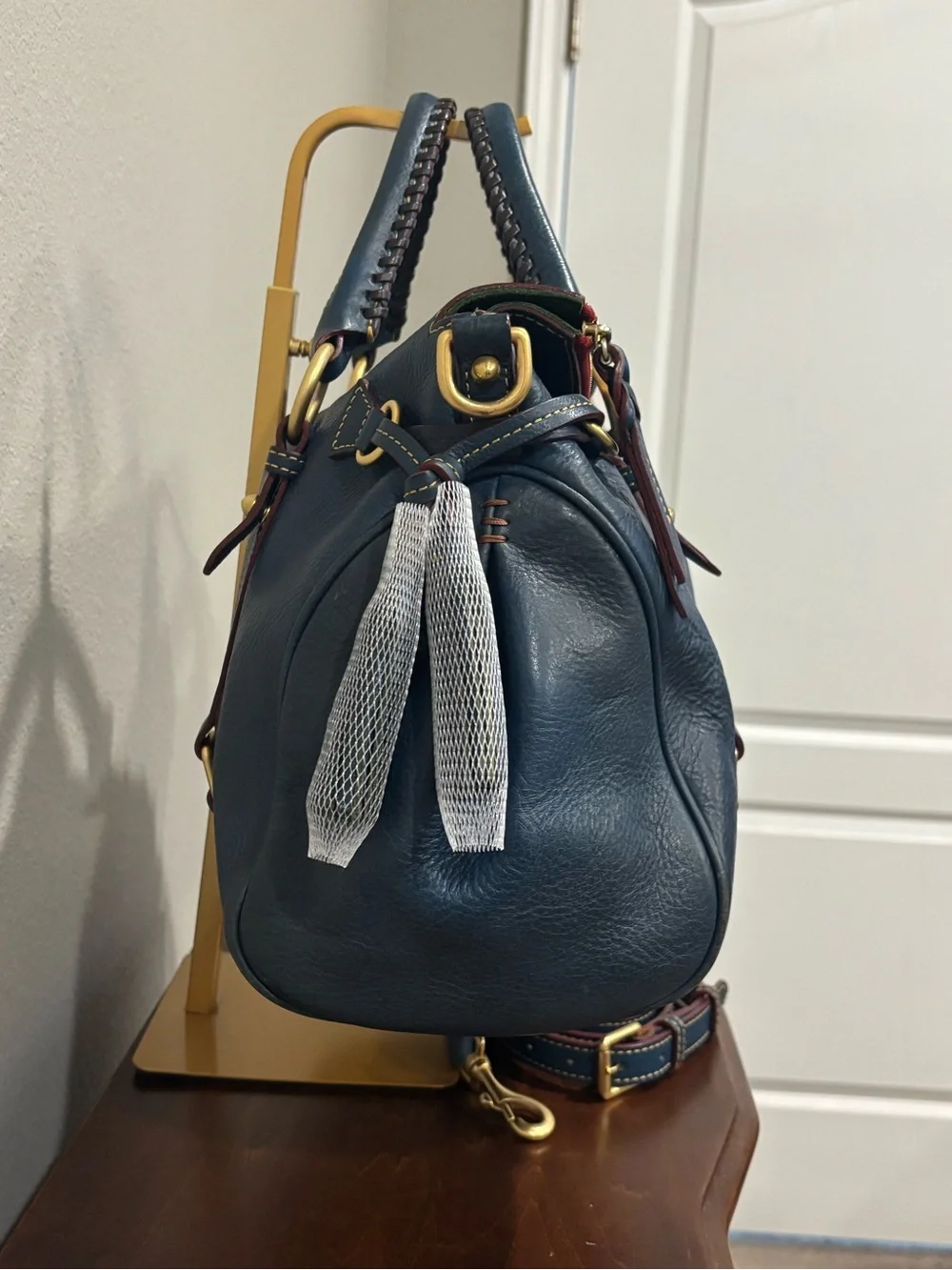 Dooney & Bourke Florentine Large Satchel Denim Blue with Red Interior